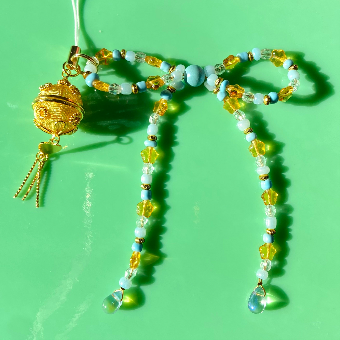Golden Yellow/Pale Blue/Gold Bow Phone Strap w/ Gold Metal Charm