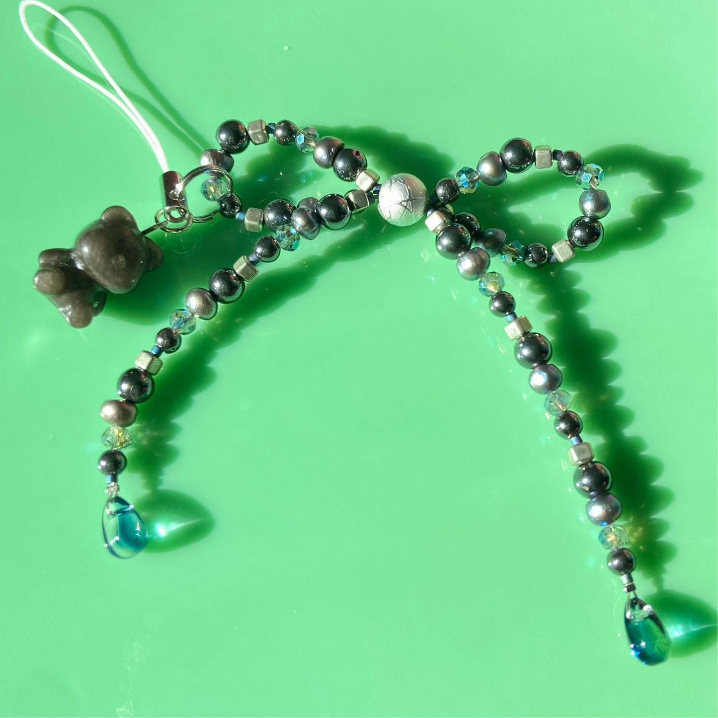 Grey/Navy Pearl Bow Phone Strap w/ Grey Teddy Bear Charm