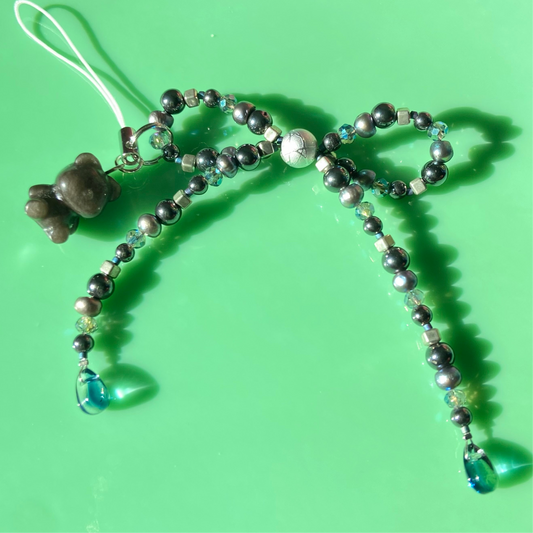 Grey/Navy Pearl Bow Phone Strap w/ Grey Teddy Bear Charm