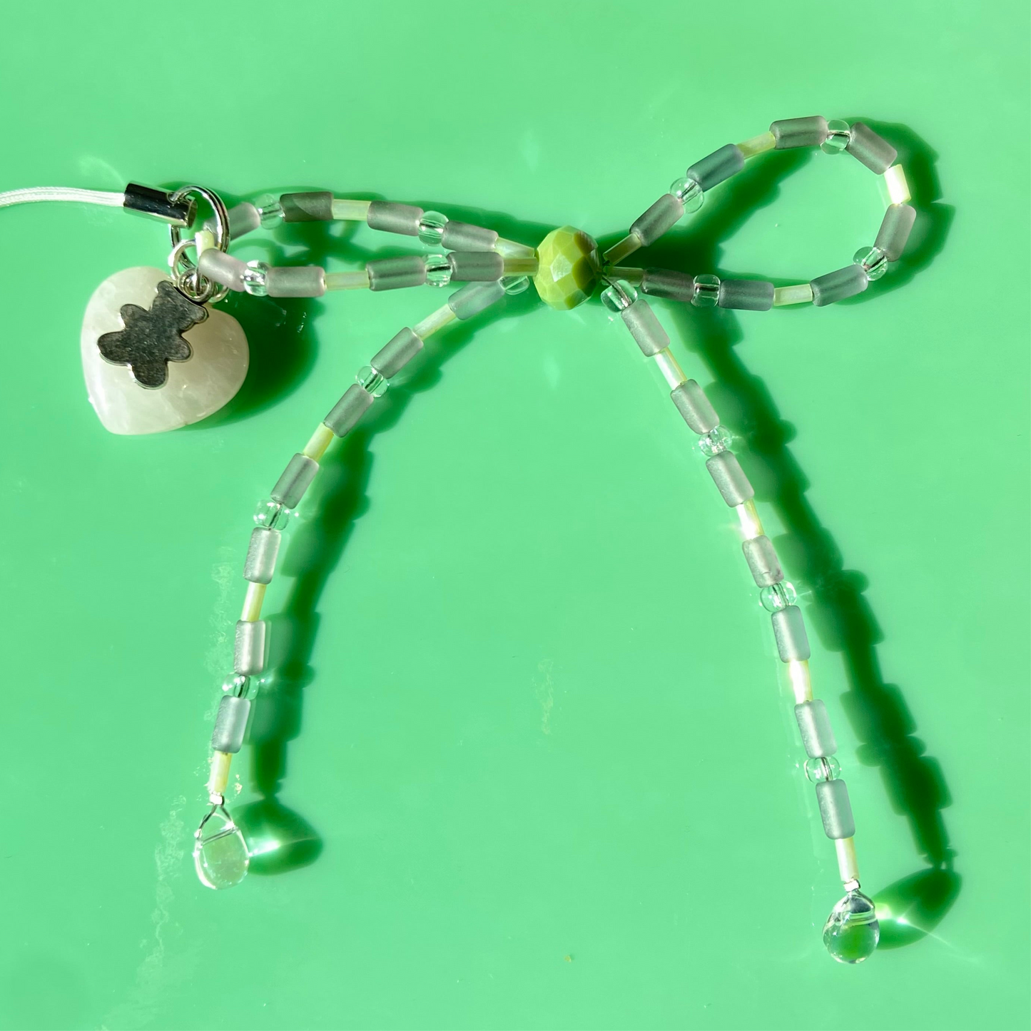 Pale Grey/Pale Green Bow Phone Strap w/ Rose Quartz & Mini Teddy Charms
