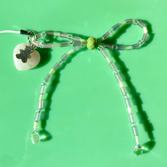 Pale Grey/Pale Green Bow Phone Strap w/ Rose Quartz & Mini Teddy Charms