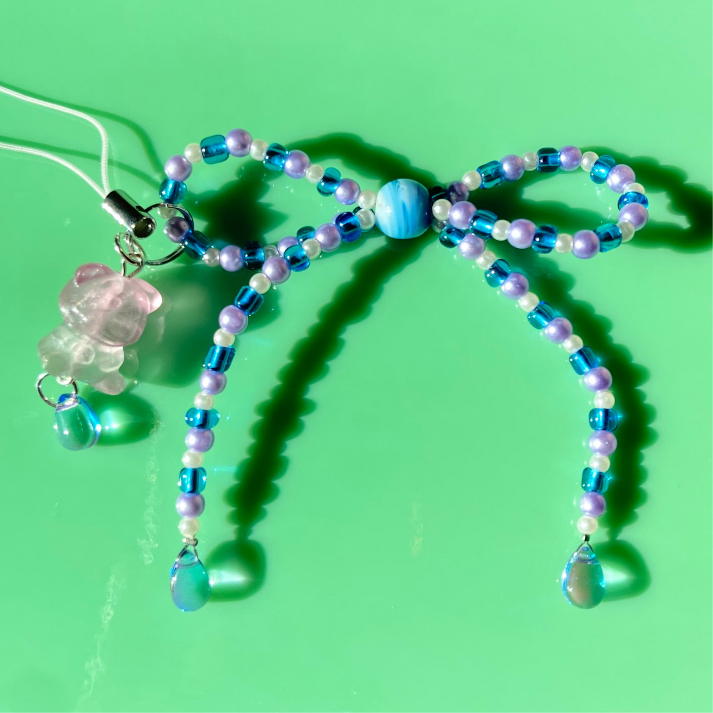 Lavender/Blue/White Bow Phone Strap w/ Purple Teddy Bear Charm