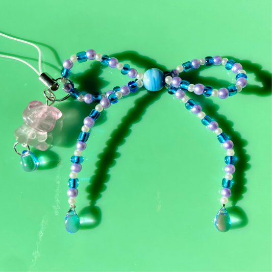 Lavender/Blue/White Bow Phone Strap w/ Purple Teddy Bear Charm