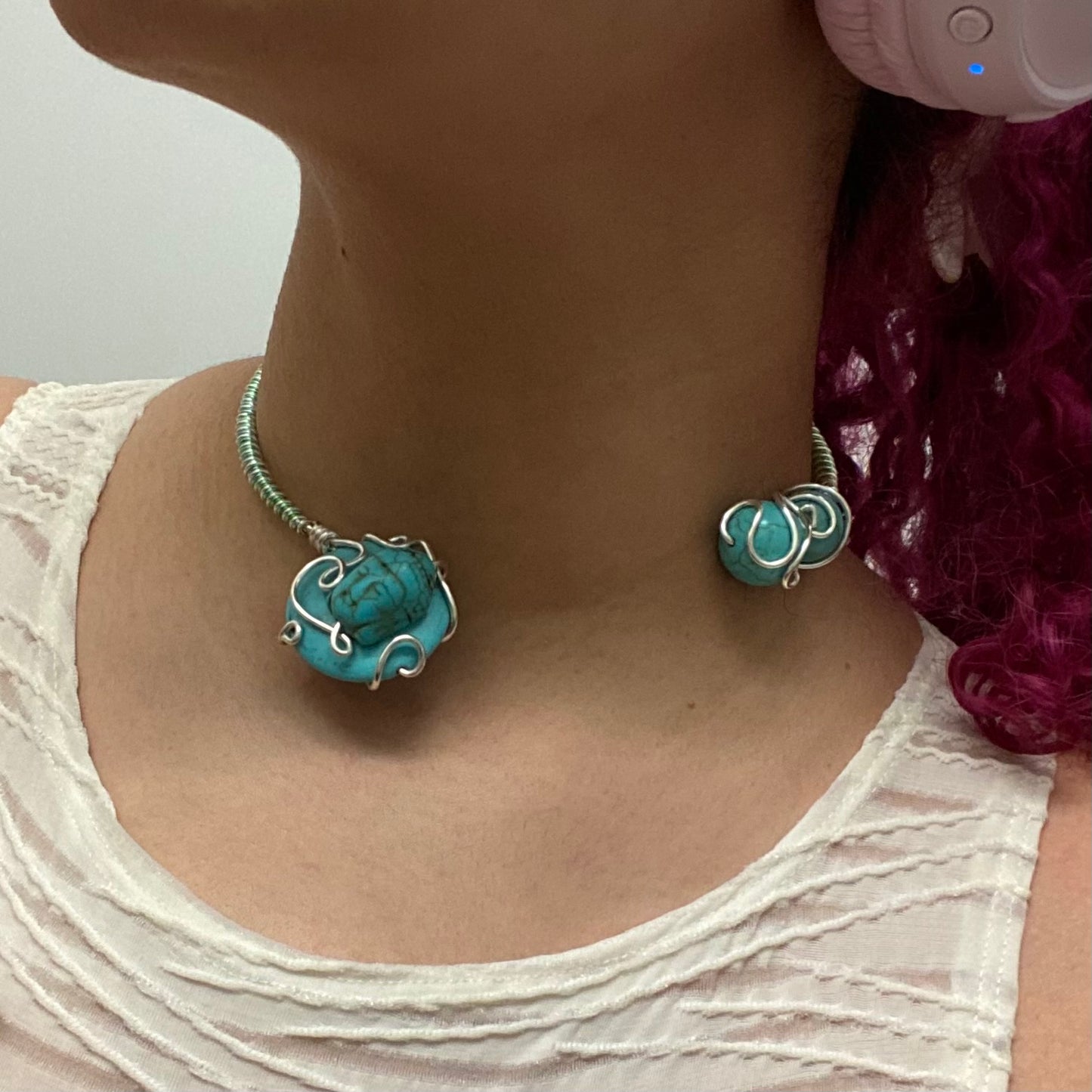 Aqua/Lime Green Wire Necklace & Arm Cuff Set