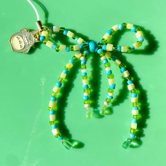 Chartreuse/Turquoise/Lime Bow Phone Strap w/ Totoro Charm