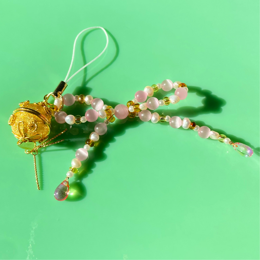 Baby Pink/Yellow/White Pearl Bow Phone Strap w/ Gold Metal Charm