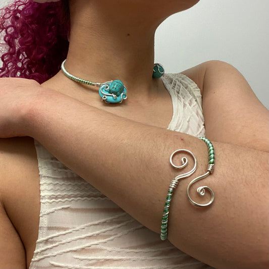 Aqua/Lime Green Wire Necklace & Arm Cuff Set