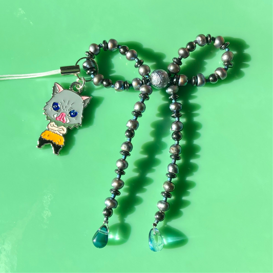 Grey/Navy Pearl Bow Phone Strap w/ Inosuke Demon Slayer Charm