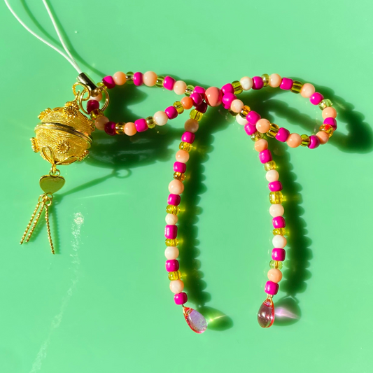 Magenta/Coral/Golden Yellow Bow Phone Strap w/ Gold Metal Charm
