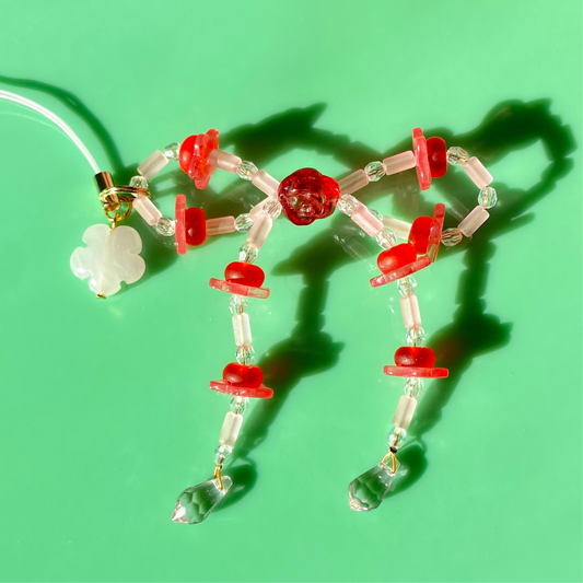 Pink/Red “Candy” Bow Phone Strap w/ Rose Quartz Flower Charm