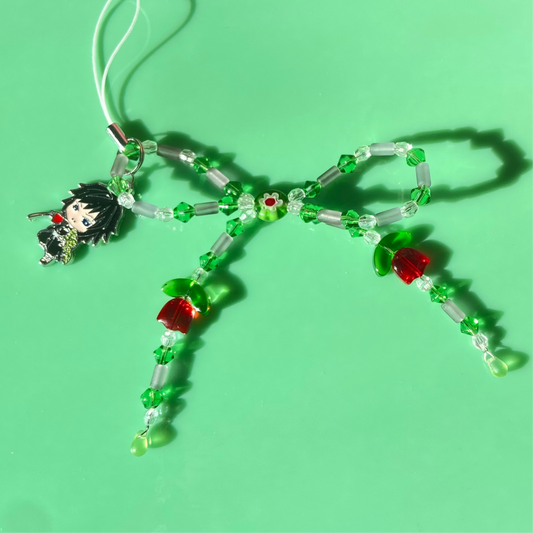 Grey/Green/Red Bow Phone Strap w/ Giyu Demon Slayer Charm
