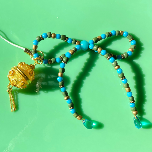 Moss Green/Turquoise/Gold Bow Phone Strap w/ Gold Metal Charm