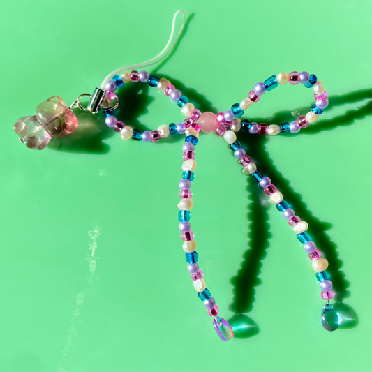 Magenta/Lavender/Blue Pearl Bow Phone Strap w/ Mauve Hello Kitty Charm