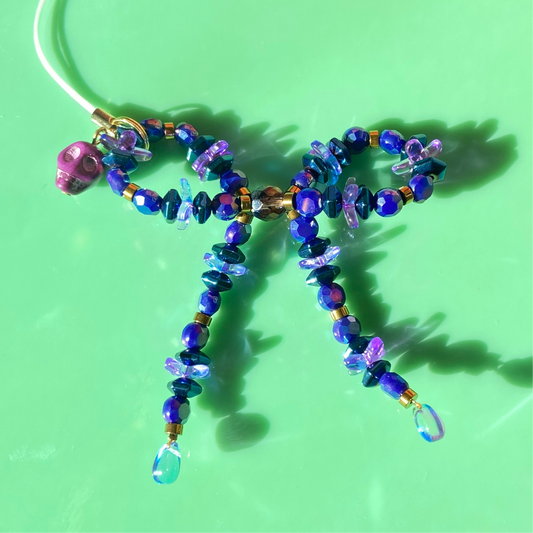 Indigo/Royal Blue Chunky Bow Phone Strap w/ Skull Charm