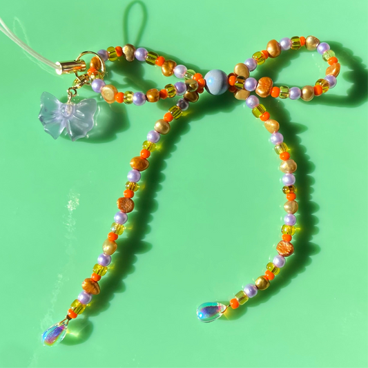 Orange/Copper/Gold/Lavender Pearl Bow Phone Strap w/ Lavender Bow Charm