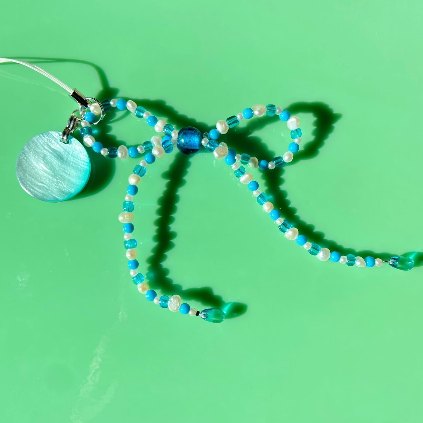 Bright Blue/White Pearl Bow Phone Strap w/ Acrylic Charm