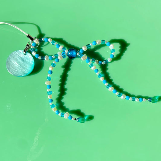 Bright Blue/White Pearl Bow Phone Strap w/ Acrylic Charm