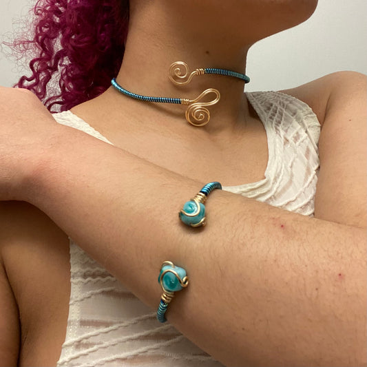 Aqua/Turquoise Wire Necklace & Cuff Set