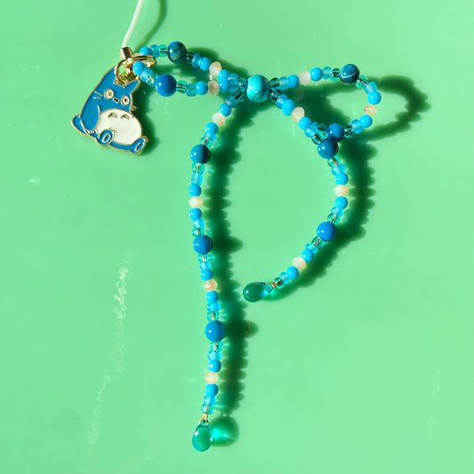Bright Blue/Teal/Cream Bow Phone Strap w/ Totoro Charm
