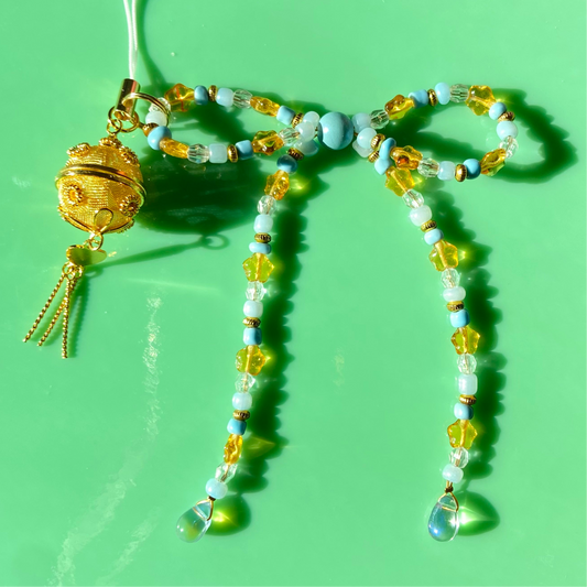 Golden Yellow/Pale Blue/Gold Bow Phone Strap w/ Gold Metal Charm
